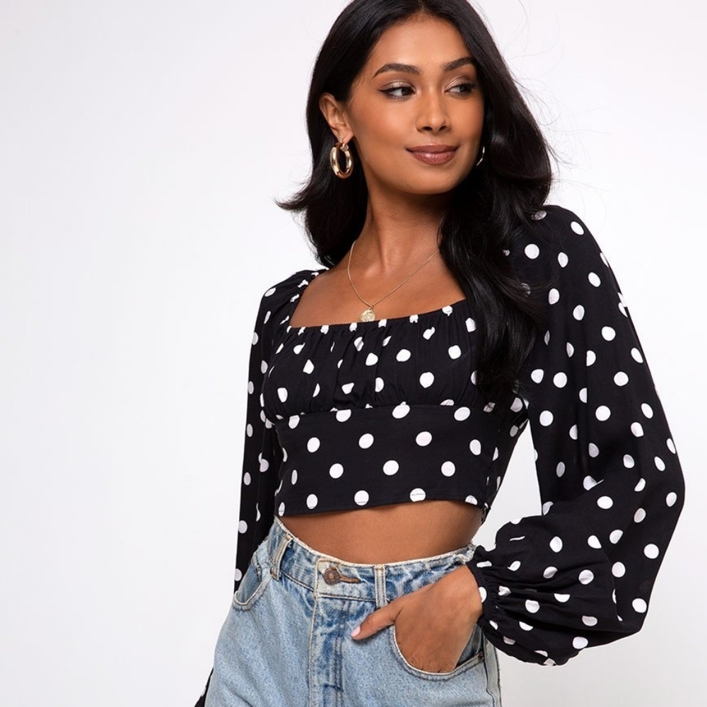 IRENE LONGSLEEVE TOP IN 80'S POLKA BLACK